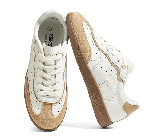 LUCKY STEP Women's Retro Cour Fashion Sneakers Casual Low Top Cow Suede Walking Shoes Anti-Slip Gum Rubber Sole Tennis Skate Footwear(White/Brown,9) | Amazon (US)