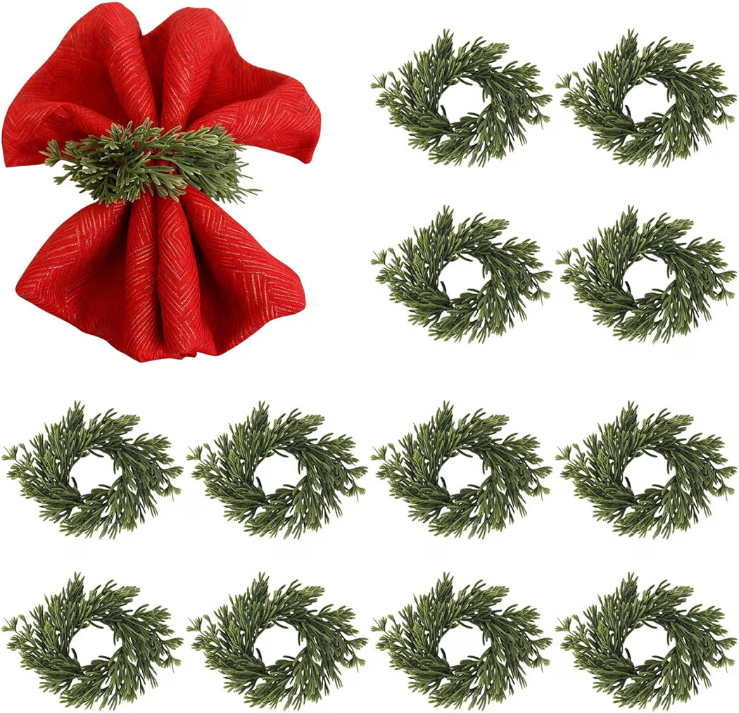 YBB Christmas Napkin Rings Holder Set of 12, Soft Pine Needles Mini Napkin Wreaths for Christmas ... | Amazon (US)