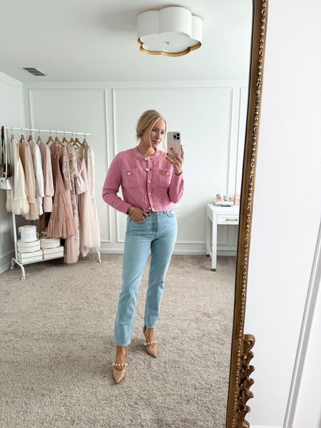 Perfect casual spring look. Paired this Pink Button Sweater from Amazon with Revolve Jean and  heels from Amazon. This would be great for a casual brunch with friends  

#LTKstyletip #LTKSeasonal #LTKshoecrush