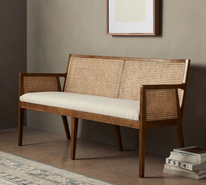 Lisbon Upholstered Cane Dining Bench | Pottery Barn (US)