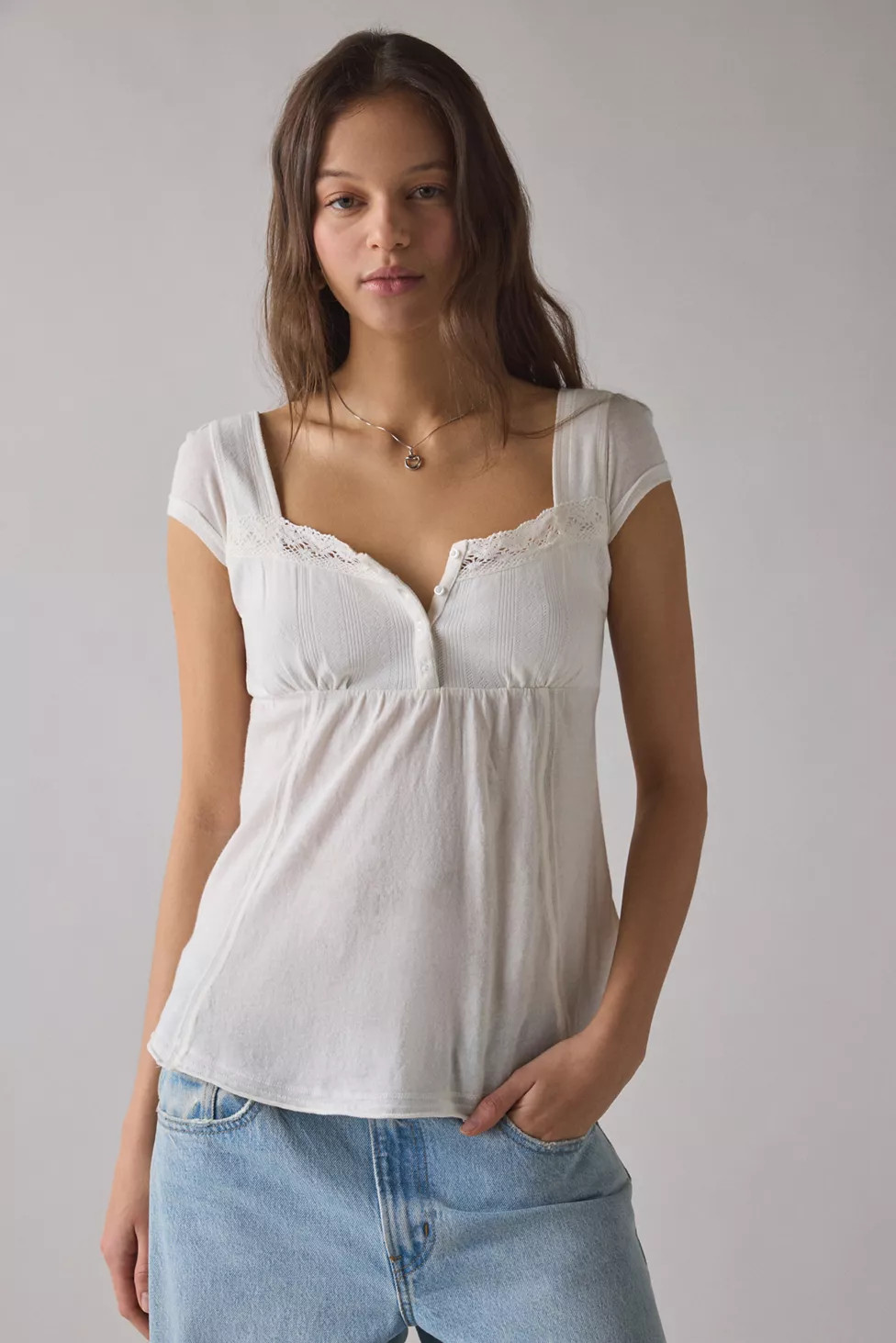 BDG Sawyer Lace Trim Short Sleeve Babydoll Top | Urban Outfitters (US and RoW)