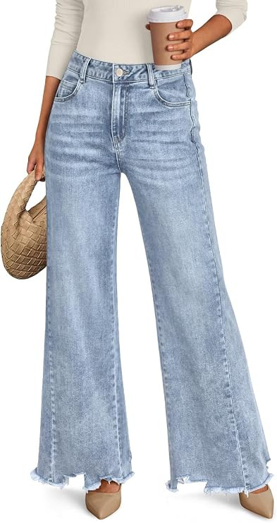 Trendy Queen Women's Wide Leg Jeans Stretchy High Waisted Straight Leg with Raw Hem Baggy Denim P... | Amazon (US)