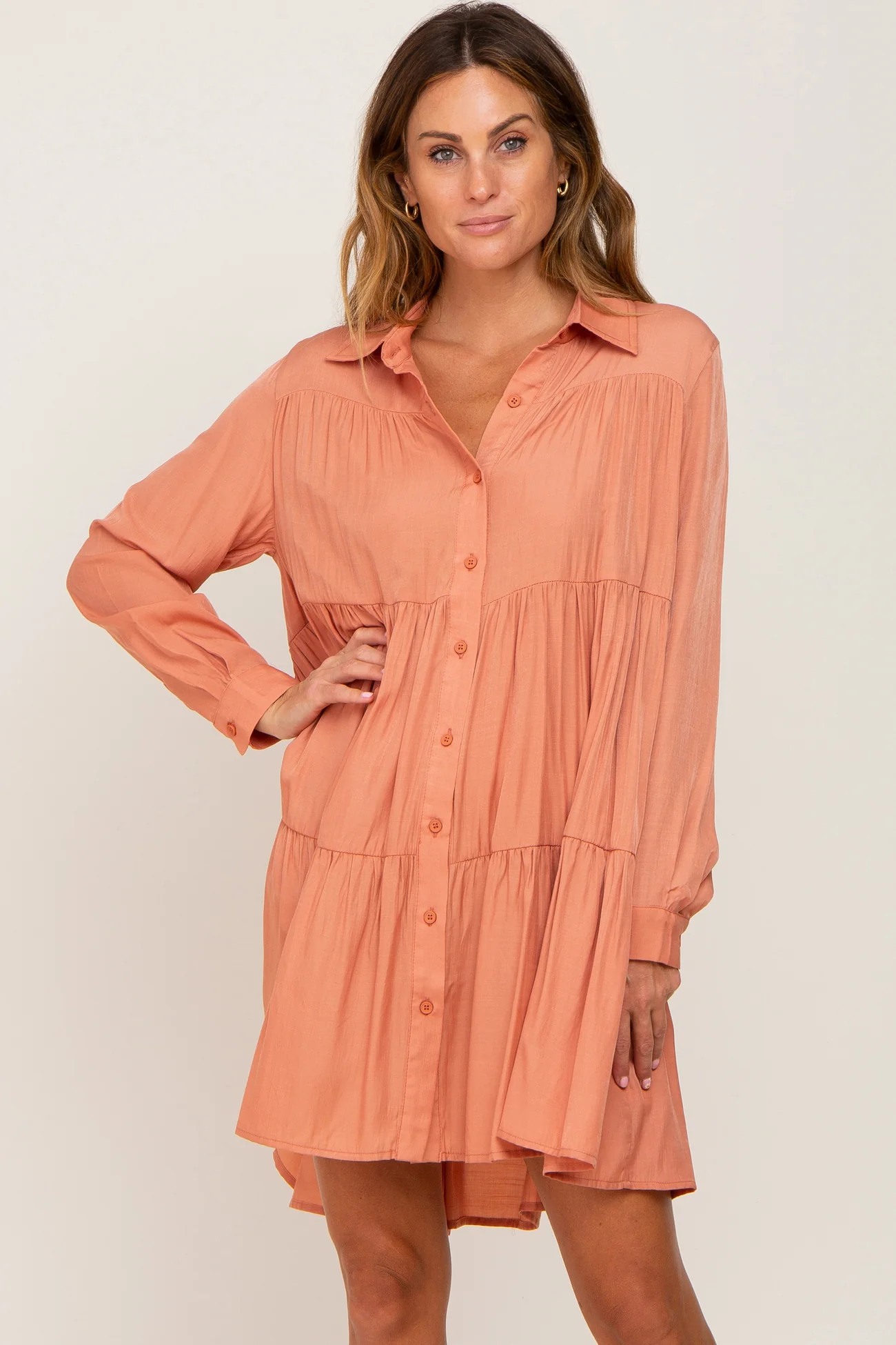 Peach Tiered Button Down Dress | PinkBlush Maternity