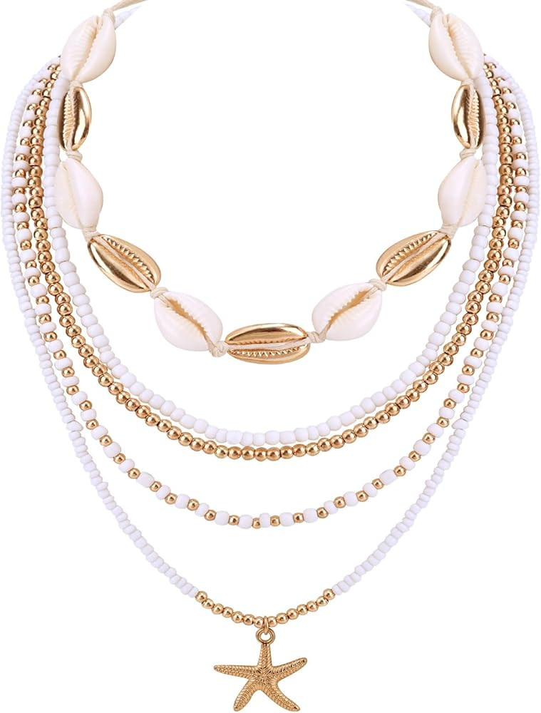 5pcs Summer Beach Necklace, Boho Shell Seashell Starfish Beaded Surfer Necklaces Set for Women Ho... | Amazon (US)