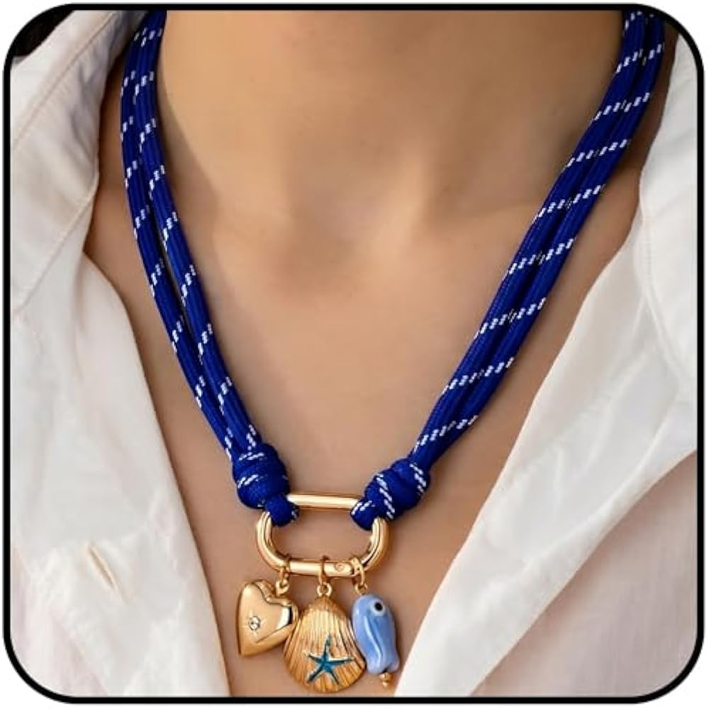 Chunky Paperclip Buckle With Ocean Charm Necklace For Women, Multicolor Dark Sky Blue Boho Double... | Amazon (US)