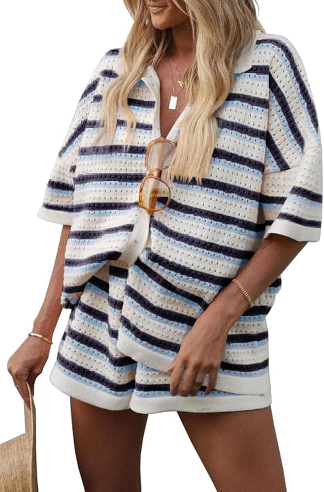 Tankaneo Womens Short Sleeve Striped Pajama Sets Color Block Crochet Knit Button Top and Shorts 2... | Amazon (US)