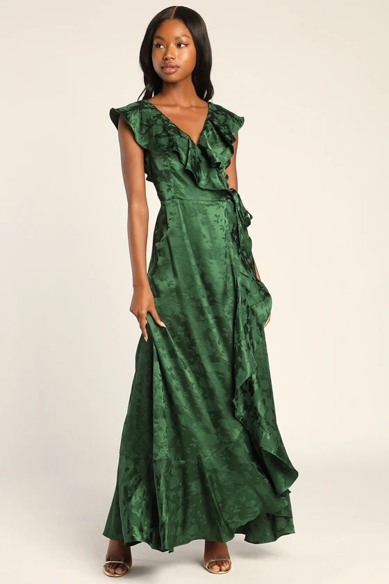 Romantic Occasion Emerald Green Satin Floral Jacquard Maxi Dress | Lulus (US)