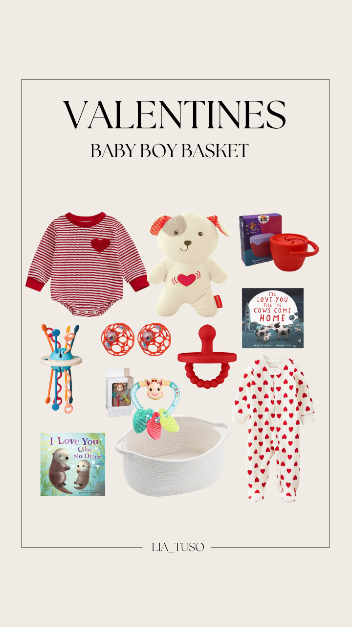 Valentines Baby Boy Basket | Valentine's Day Baby Sweatshirt Romper, LiKee Montessori Toys for Baby, I'll Love You Till the Cows Come Home Board Book, Bright Starts Oball Easy-Grasp, Ryan & Rose Cutie PAT Pacifier Teether, Strawberry Snack Cups For Toddlers, Cute Woven Storage Basket with Handle, little planet by carter's, Fisher-Price Baby Toy Calming Vibrations, Sophie la Girafe, I Love You Like No Otter 

#ValentinesGiftIdeas #ValentinesBasket #ValentinesBabyBoyBasket #LTKGiftGuide 

 #LTKSeasonal #LTKBaby