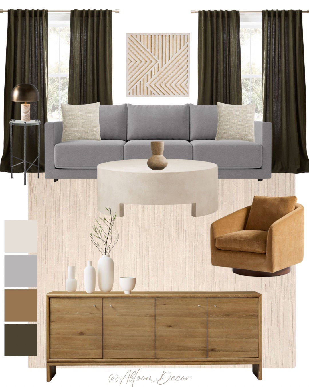 This cozy yet modern living room design is all about rich, earthy tones and sleek neutrals. The deep olive curtains, warm wood furniture, and caramel accent chair bring in just the right amount of contrast against the soft gray sofa and creamy textures.

#LTKHome