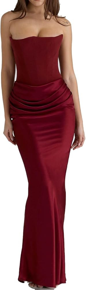Womens Satin Strapless Fish Bone Pleated Dresses, Mermaid Sexy Elegant Long Evening Dress Wedding... | Amazon (US)