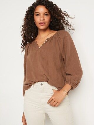 Shirred Double-Weave Long-Sleeve Blouse for Women | Old Navy (US)