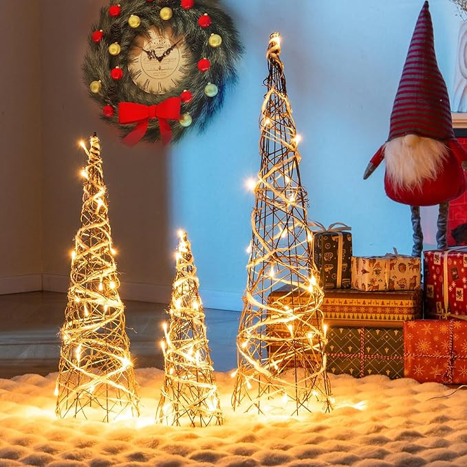 Tangkula Set of 3 Lighted Christmas Rattan Cone Trees, Holiday Decorative Trees with LED Lights a... | Amazon (US)