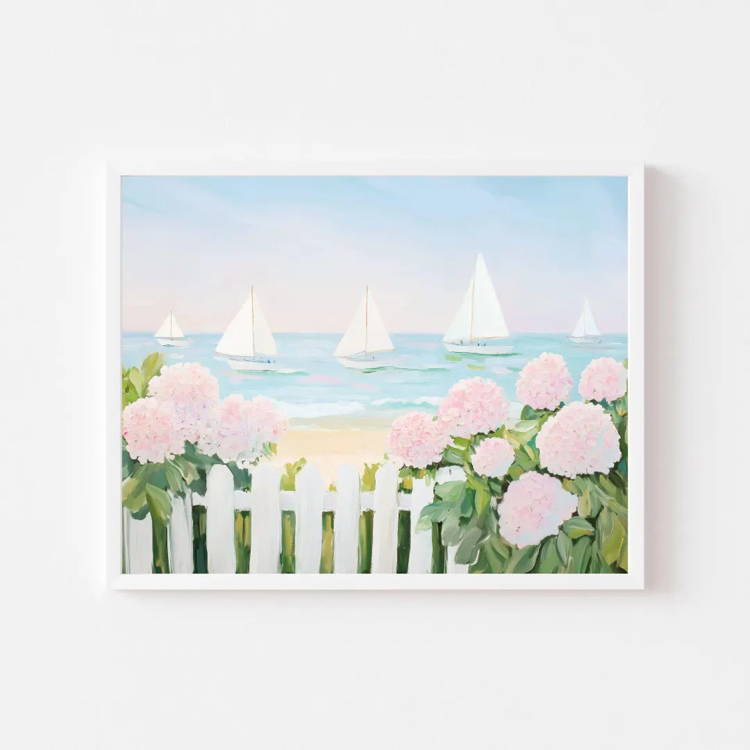 Sailboats and Pink Hydrangeas Painting | Pastel Seascape Wall Art Print | Nantucket Beach House P... | Etsy (US)