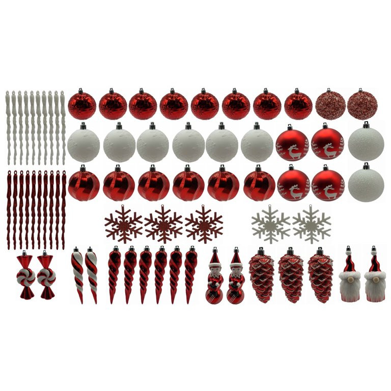 Holiday Time 70 Count Ornament Assortment in Red & White Colors, Various Shapes & Sizes | Walmart (US)