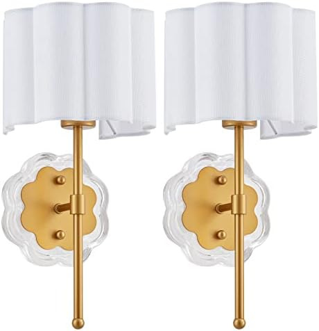 Modern Wall Sconce Set of 2, with Creamy-White Fabric Flower and Antique Brass Brush Paint Finish... | Amazon (US)
