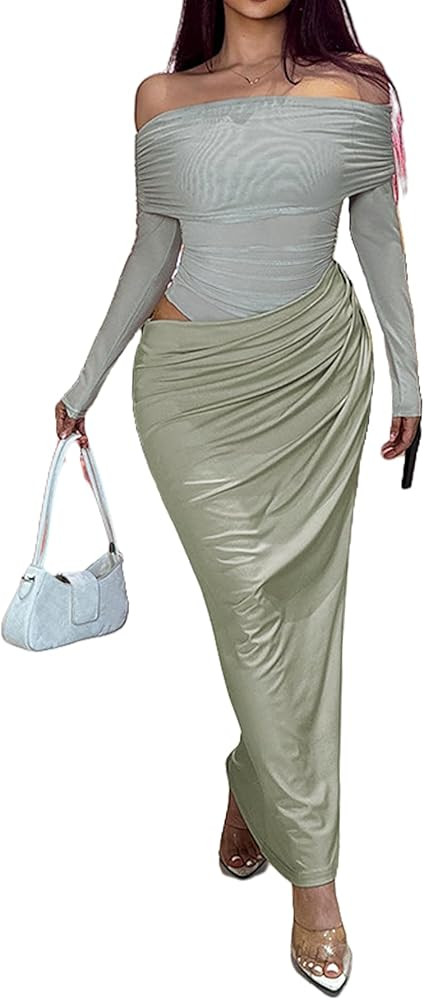 Tcremisa Women's Sexy Mesh Off Shoulder Dress Elegant Sheer See Through Long Sleeve Ruched Bodyco... | Amazon (US)