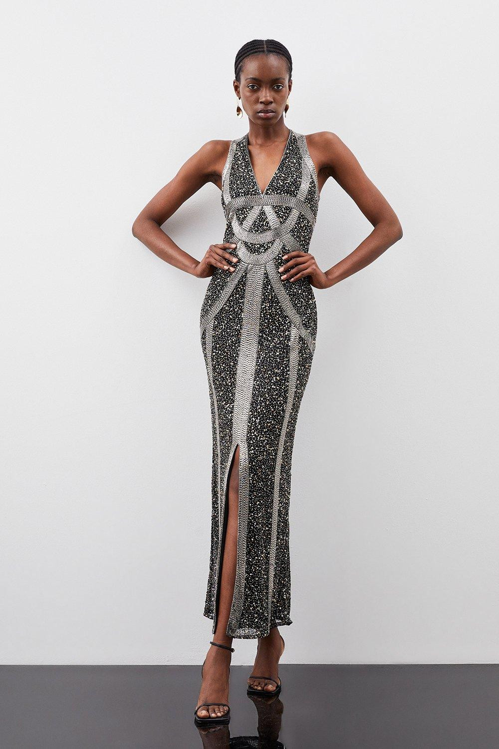 Tall Crystal Embellished Halter Maxi Dress | Karen Millen UK + IE + DE + NL