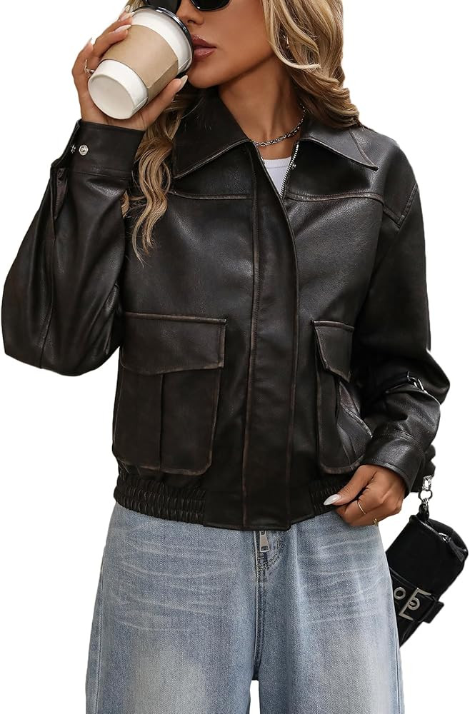 LY VAREY LIN Women Faux Leather Bomber Jacket Distressed Button Front Aviator Biker Coat | Amazon (US)