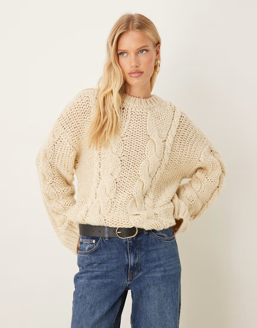 Gina Tricot knitted cable sweater in ivory cream-White | ASOS (Global)