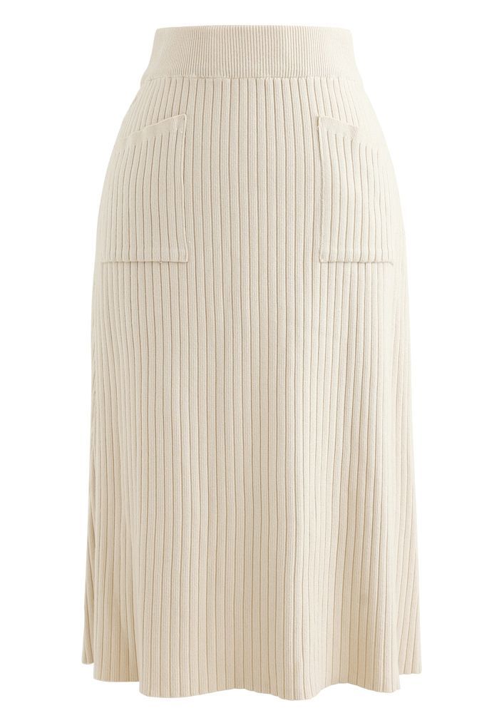 Two Patched Pockets Knit Skirt in Cream | Chicwish