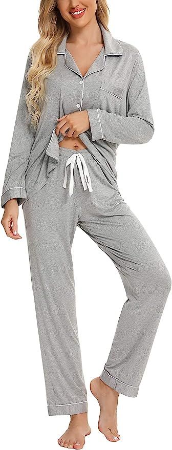 Samring Women's Button Down Pajama Set V-Neck Long Sleeve Sleepwear Soft Pj Sets S-XXL | Amazon (US)