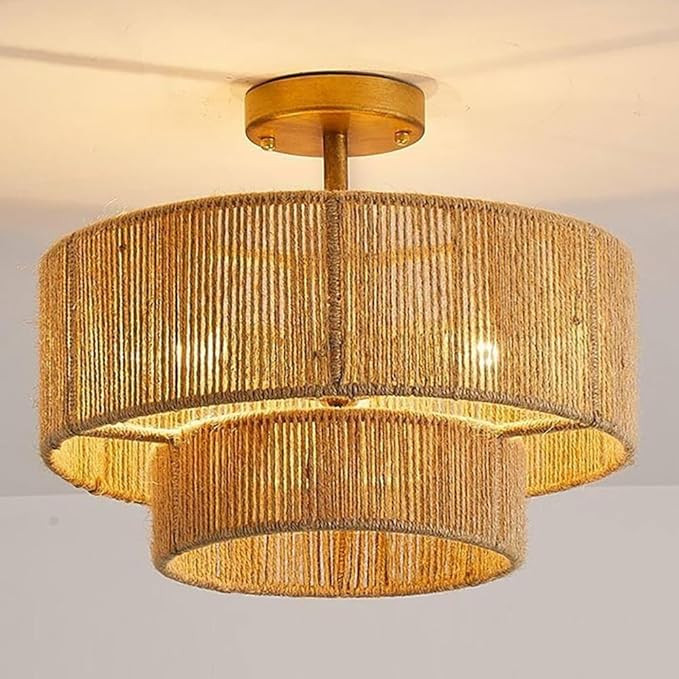 3-Light Hand-Woven Rattan Semi Flush Mount Ceiling Light Fixture Vintage Farmhouse Boho Bamboo Ce... | Amazon (US)