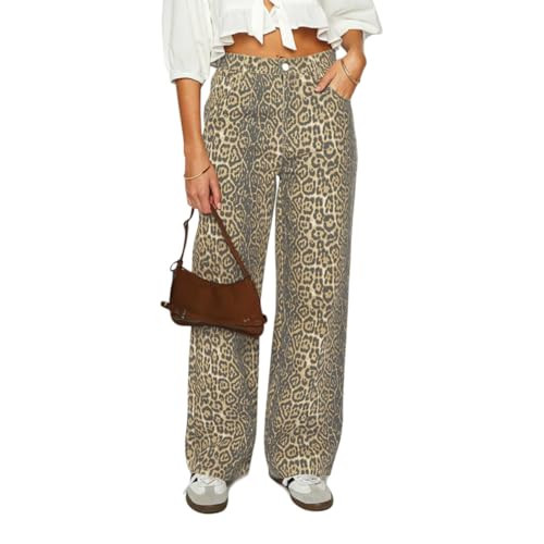 Women's Y2K Oversized Baggy Leopard Print Wide Straight Leg Jeans Stretchy High Waisted Cheetah Cargo Denim Pants (Light Leopard,X-Large,X-Large) | Amazon (US)