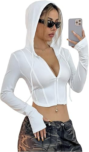 GORGLITTER Women's Zip Up Cropped Hoodie Y2K Long Sleeve Hooded Sweatshirt Crop Tops Fall Outfits | Amazon (US)
