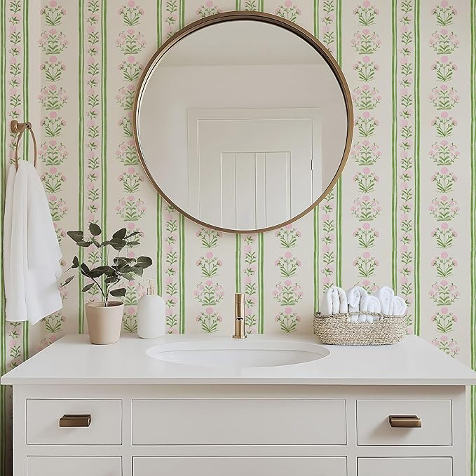 RollsRolla Green Stripe Peel and Stick Wallpaper Featuring Pink Floral, Vintage Farmhouse Inspire... | Amazon (US)