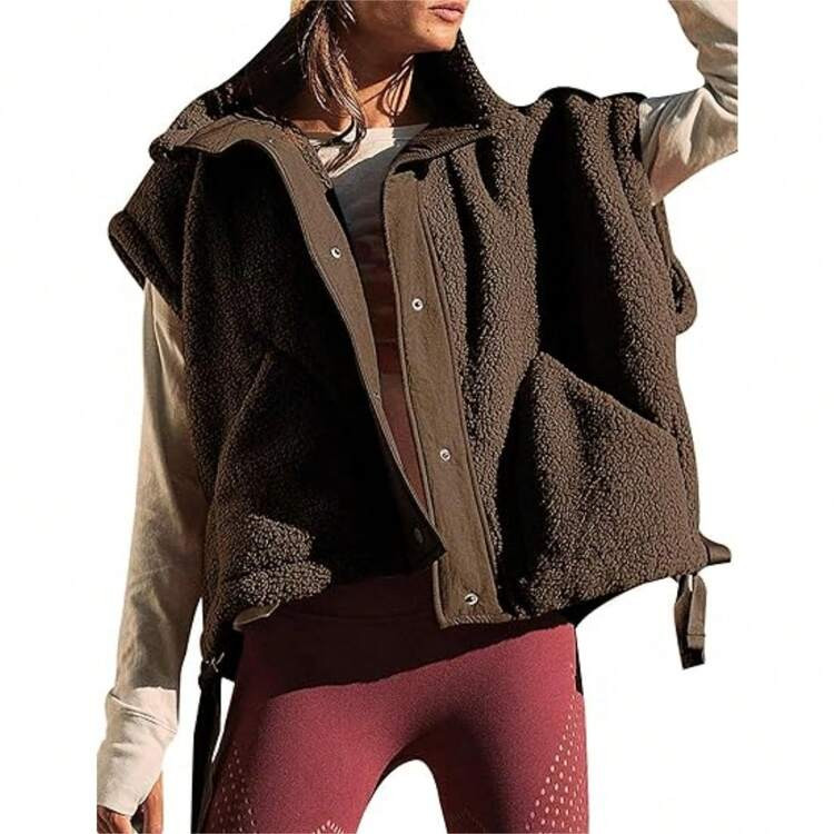 Women's Fuzzy Fleece Vest Oversized Casual Sleeveless Fuzzy Sherpa Jacket Winter Warm Button Down Gilet Outerwear With Pockets Puffer Vest For Women Plain Blingbling Button Front Asymmetrical School | SHEIN