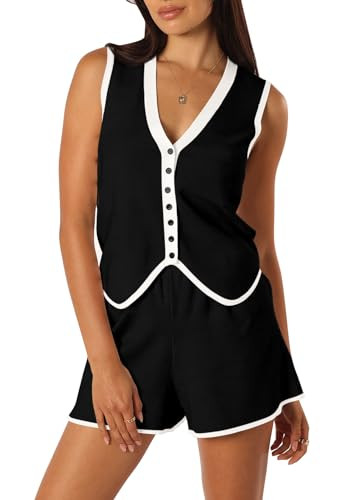 Pink Queen Women's Sweater Vest Set 2 Piece Spring Outfits Fashion V Neck Sleeveless Button Up Top and High Waist Shorts Set for Vacation Black XL | Amazon (US)