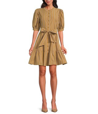 A Loves A Pinstripe Crew Neck 3/4 Bubble Sleeve A-Line Flounce Mini Dress | Dillard's | Dillard's