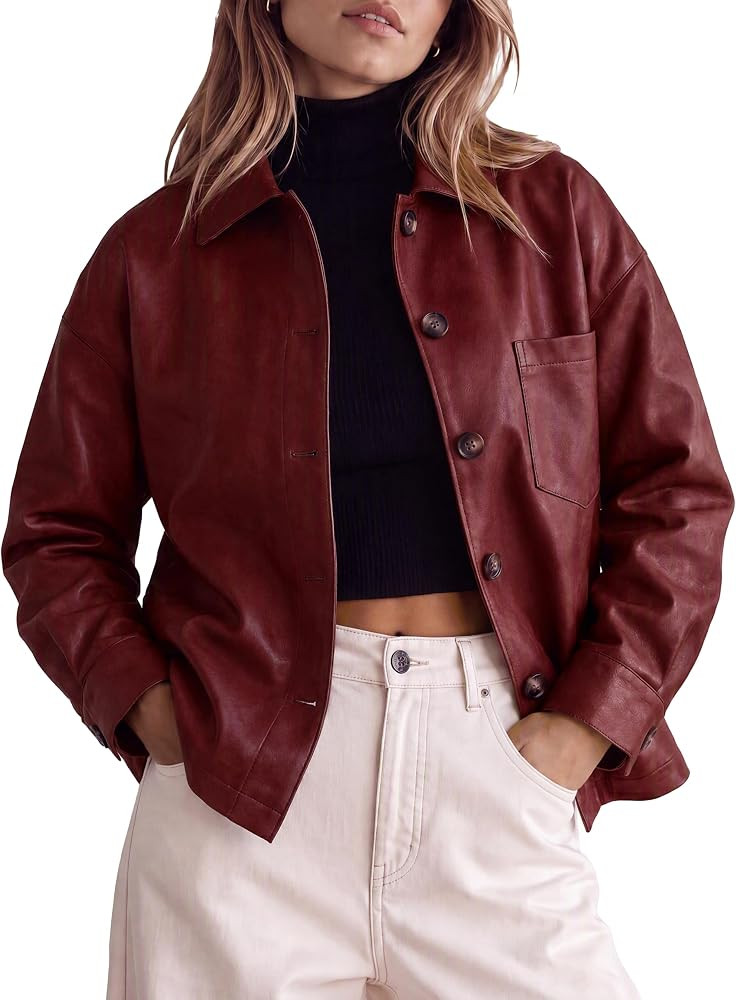 Tankaneo Womens Collared Button Down Faux Leather Jackets Casual Outwear | Amazon (US)