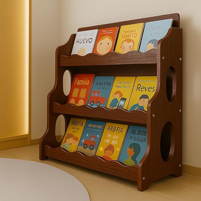 Kids Bookshelf Wooden Montessori Book Shelf Dutch Design 3Tier Scalloped,WalnutWood Pattern | Amazon (US)