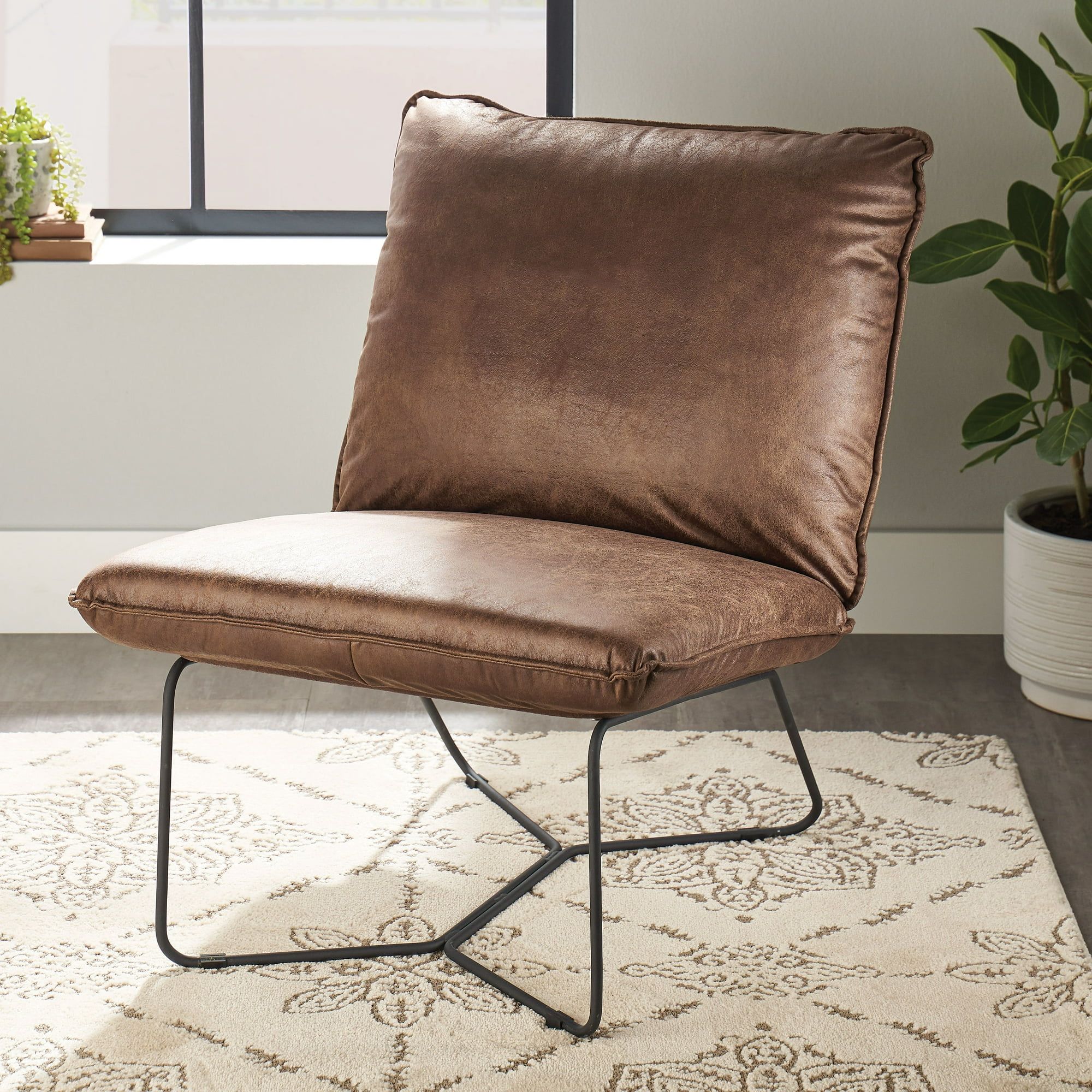 Better Homes & Gardens Pillow Lounge Chair, Brown Faux Leather Upholstery | Walmart (US)