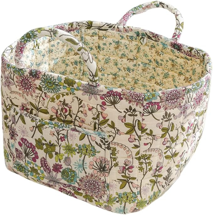 Quilted Fabric Storage Basket with Handles – Boho Foldable Floral Organizer Bin for Home, Picni... | Amazon (US)