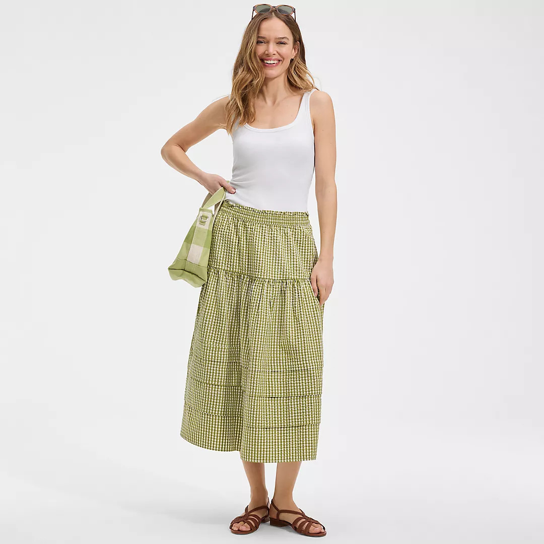 Women's Seersucker Pull On Midi Skirt | Lands' End (US)