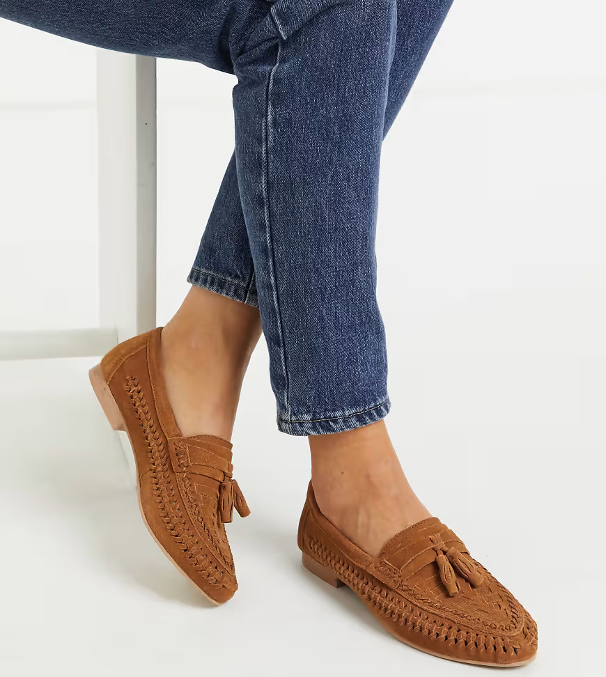 ASOS DESIGN Wide Fit Marble suede weave flat shoes in tan | ASOS (Global)