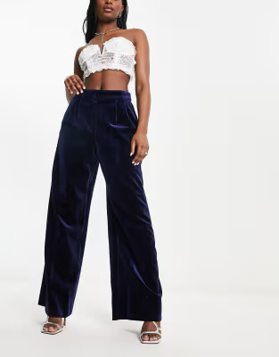 River Island velvet wide leg dad pants in navy | ASOS (Global)