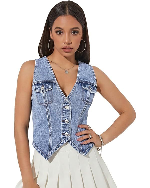 Verdusa Women's V Neck Asymmetrical Hem Sleeveless Button Front Denim Vest Top | Amazon (US)