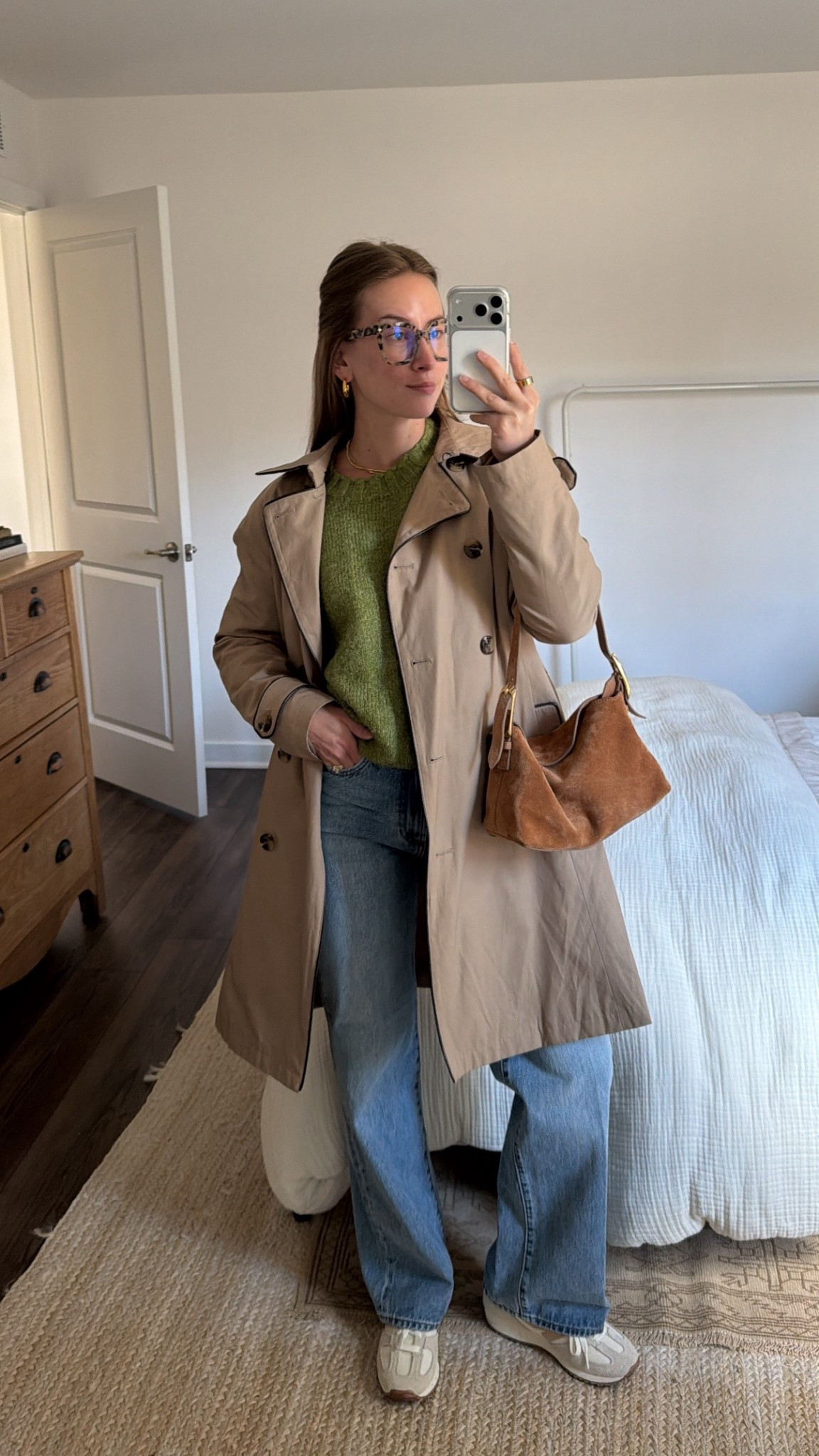 3/17/26 Spring Transition Outfit

An easy winter-to-spring outfit 🤍 Wearing my New Balance sneakers with my Aritzia wide leg jeans (true to size), paired with a green Anthropologie sweater.

Finished the look with my J.Crew suede bag and Amazon blue light glasses. My trench is Lauren by Ralph Lauren (an older find from TJ Maxx/Marshall’s, so I’ll link a similar option).

Everything is linked here ✨

#LTKSeasonal #LTKootd #LTKgrwm