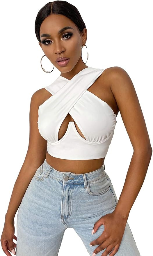 SheIn Women's Crisscross Cut Out Vest Halter Wrap Crop Top Solid Cami Tank Tops | Amazon (US)
