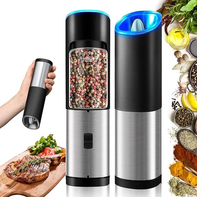 Rocyis Electric Salt and Pepper Grinder-Gravity Automatic Spice Mill Set-Battery Powered w/LED Li... | Amazon (US)