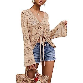 FERBIA Women Crochet Top Beach Cloth Drawstring Shirt Cover Up Oversized Sexy Beachwear Lace Up T... | Amazon (US)