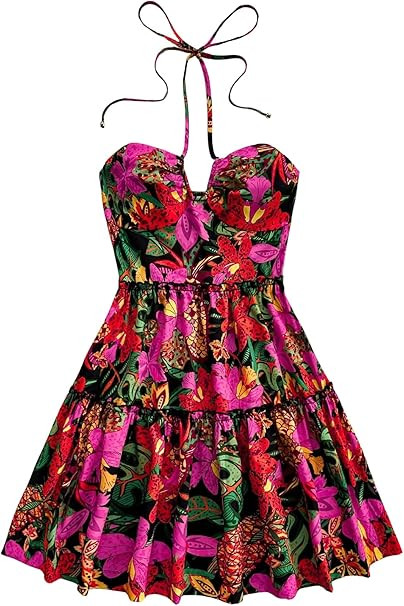 Floerns Women's Floral Sleeveless Halter Dress Milkmaid Flare Hem Boho Mini Dress | Amazon (US)