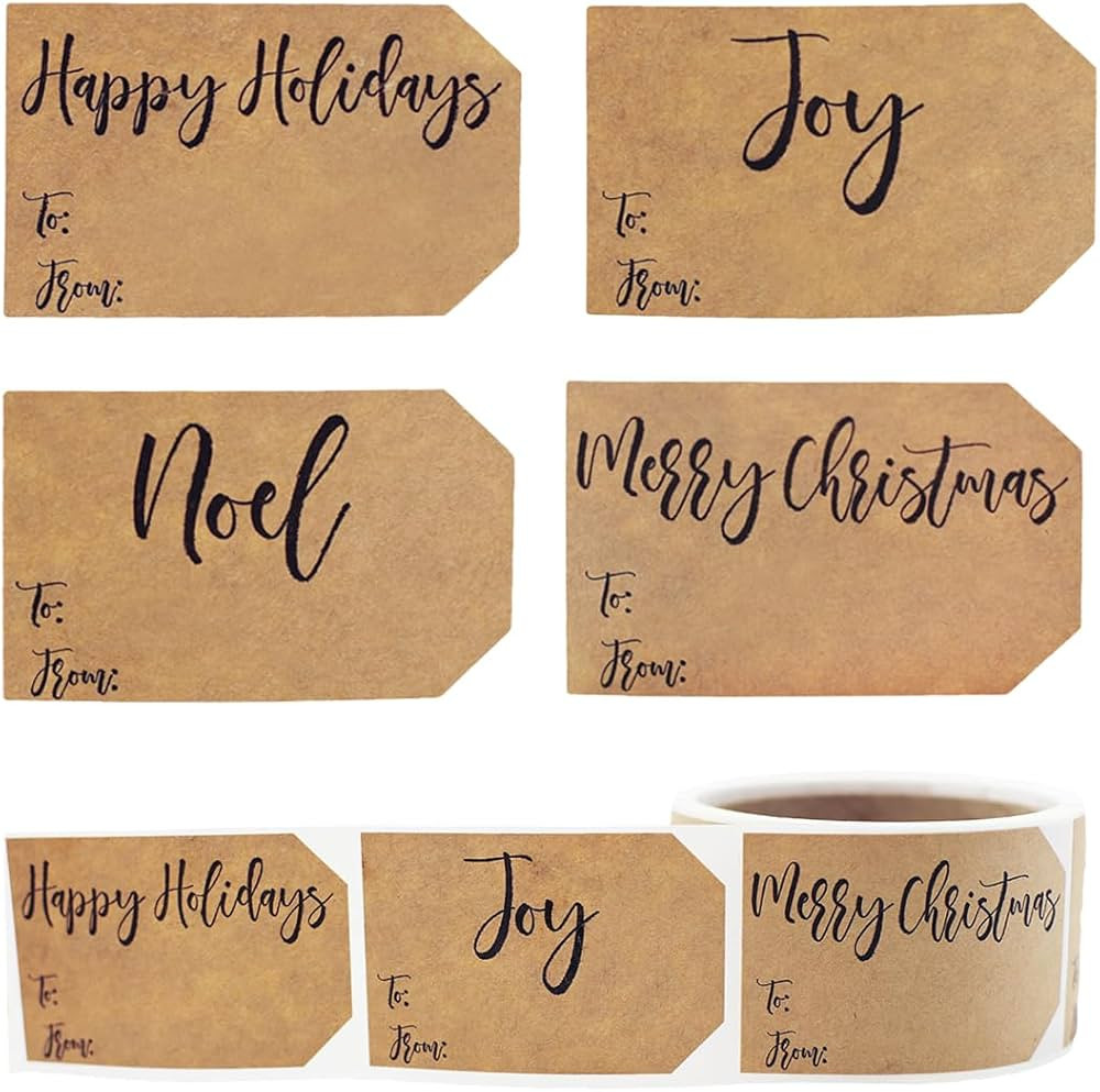 Natural Kraft Charming Christmas Holiday Gift Tag Stickers 2 x 3 Inch 100 Total Labels | Amazon (US)