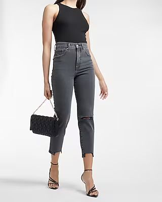 Super High Waisted Black Ripped Raw Hem Mom Jeans | Express