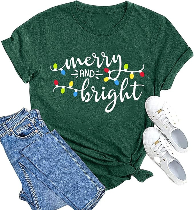 MAIHUN Christmas Shirts Womens Merry and Bright Shirt Xmas Holiday Tshirt Christmas Lights Tee To... | Amazon (US)