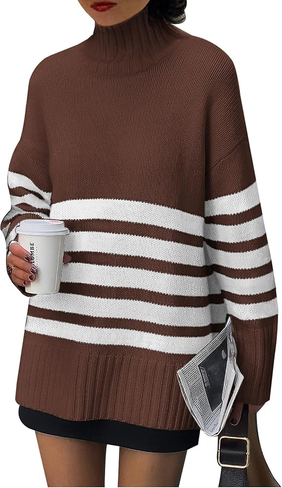 PRETTYGARDEN Women's Oversized Striped Sweaters Fall Casual Long Sleeve Turtleneck Pullover Chunk... | Amazon (US)