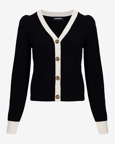 Tipped Novelty Button Puff Sleeve Cardigan | Express